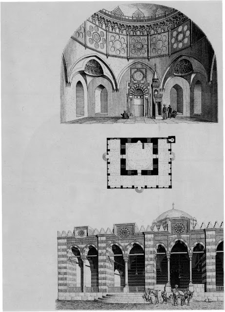Mosque of Sinan Pasha, elevation & plan, 16th century. Prisse's elevations and plan of the mosque of Sinan Pasha convey the Ottoman impact on Egyptian architecture. He dendes self-conscious designs that boast magnificence, highlighting the structure's squatness and the lack of relationship between prayer hall and sahn.