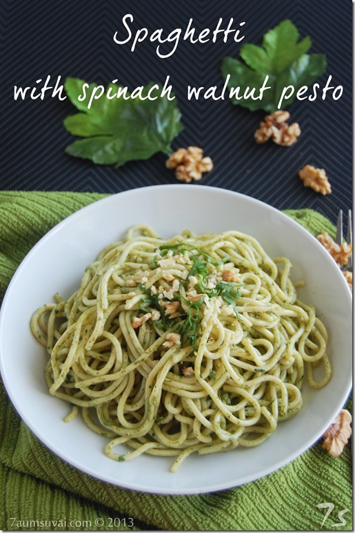 Spaghetti with spinach walnut pesto