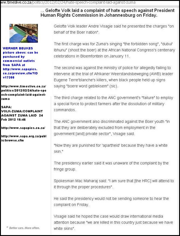 ZUMA GETS HATESPEECH COMPLAINT AGAINST HIM AT HUMAN RIGHTS COMMISSION FOR SINGING KILL THE BOER ON FEB 11 2012 BLOEM