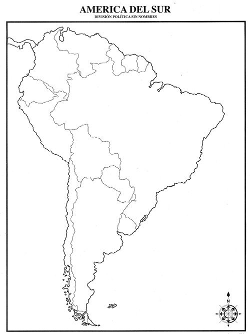 Mapa de América del Sur con división política sin nombres