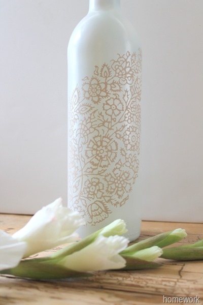 White & Ecru Lace Stenciled Bottle via homework (1)