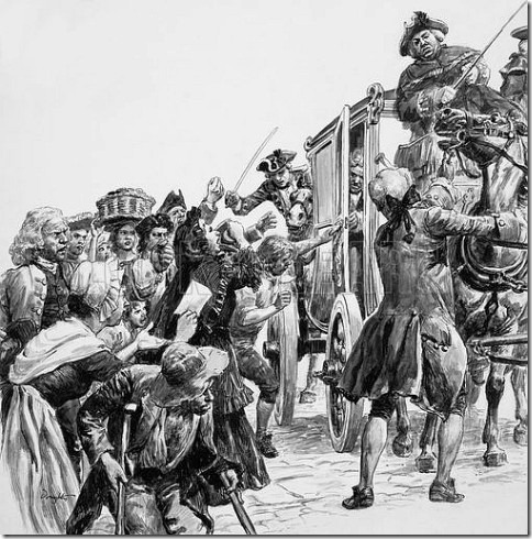 Riots broke out whenever the directors of the South Sea Company were seen in public. Illustration by C. L. Doughty