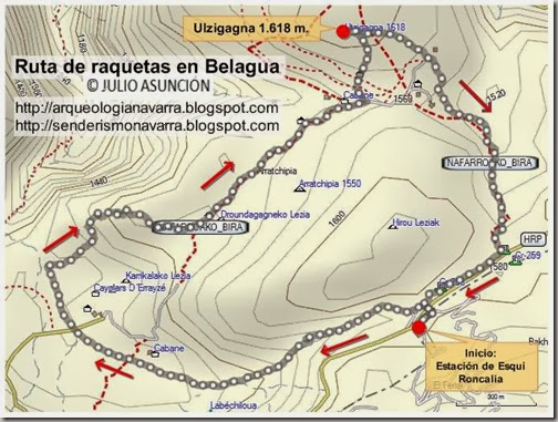 Mapa ruta con raquetas en Belagua