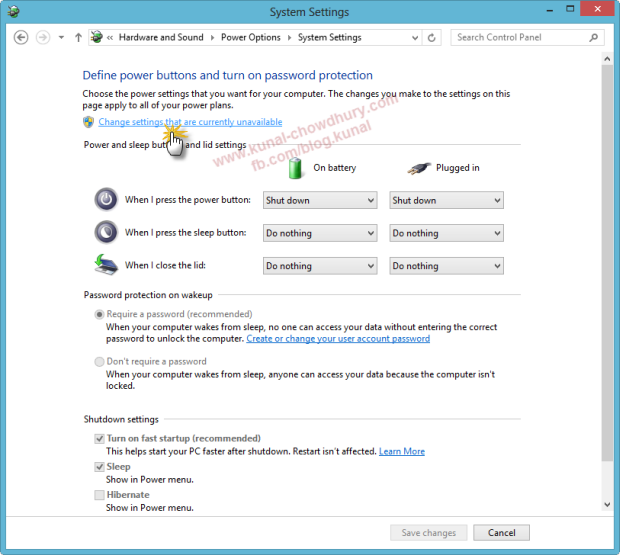 In Windows 8 Power Options System Settings, Choose Change Settings that are currently unavailable