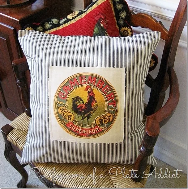 CONFESSIONS OF A PLATE ADDICT  French Ticking and Vintage Camembert Label Pillow