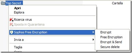 Sophos Free Encryption opzioni nel menu contestuale del mouse