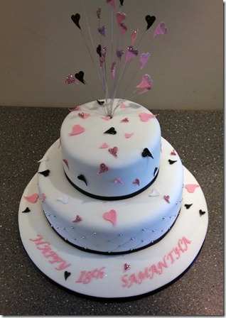 2 tier hearts birthday cake in black,pink and silver