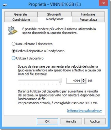 Dedicare la chiavetta USB a ReadyBoost Dedicare la chiavetta USB a ReadyBoost