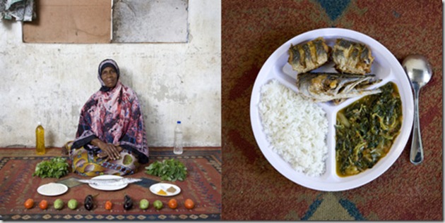 Miraji Mussa Kheir, 56 years old, Bububu, Zanzibar. Wali, mchuzina mbogamboga, rice, fish and vegetables in green mango sauce