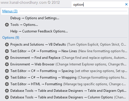 Visual Studio 2012 Quick Launch - Options Visual Studio 2012 Quick Launch - Options