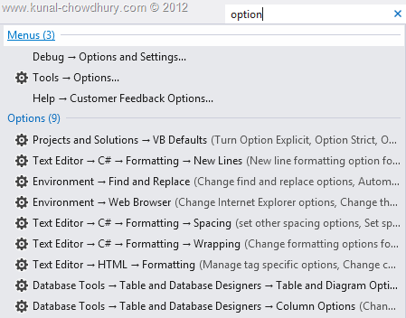 Visual Studio 2012 Quick Launch - Options