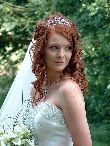 Red Curly Hair Bride Hairstyle With Tiara