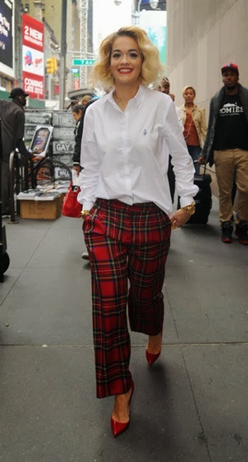 Rita-Oras-MTV-Studios-J.W.-Anderson-for-Topshop-Embroidered-Cotton-Shirt-and-Red-Tartan-Plaid-Pants
