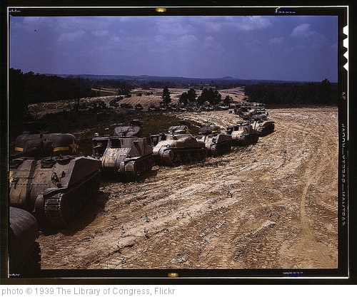 'Parade of M-4 (General Sherman) and M-3 (General Grant) tanks in training maneuvers, Ft. Knox, Ky. Note the lower design of the M-4, the larger gun in the turret and the two hatches in front of the turret  (LOC)' photo (c) 1939, The Library of Congress - license: http://www.flickr.com/commons/usage/
