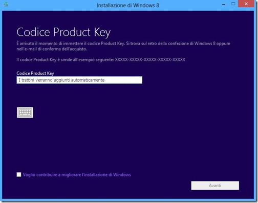 Windows 8 inserire Codice Product Key