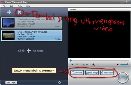 Pilihan watermark dan tombol delete Video Watermark Pro