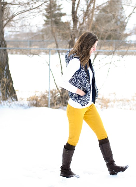 yellow skinnies + patterned vest