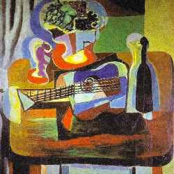 Picasso, Guitar, Bottle, Bowl with Fruit, & Glass on Table.jpg