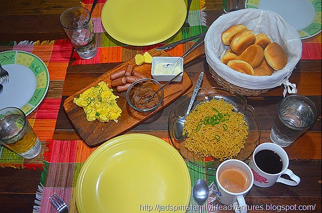 Pancit Canton, Scrambled Egg, Sausage, Pandesal with Liver Spread, Mayonnaise and Butter