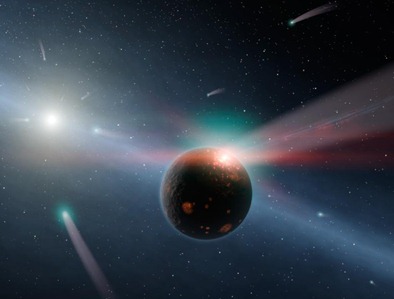 ilustração da chuva de cometas próxima de estrela