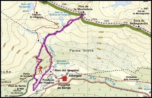 Mapa Canal Central SO 200m 50º con esquis (Pico de la Montañeta 2552m, Benasque, Pirineos) 3367