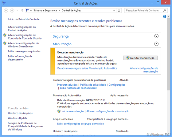 Recursos monitorados pela Central de Ações do Windows 8