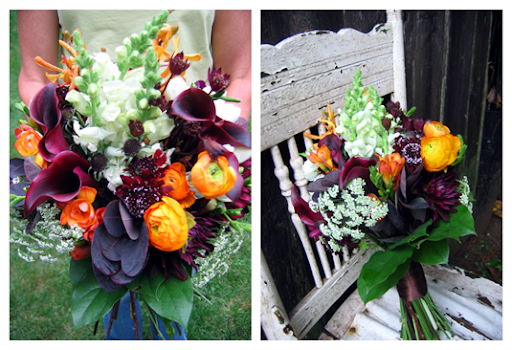 Here 39s her bridal bouquet a mix of deep purple flowers and foliage with