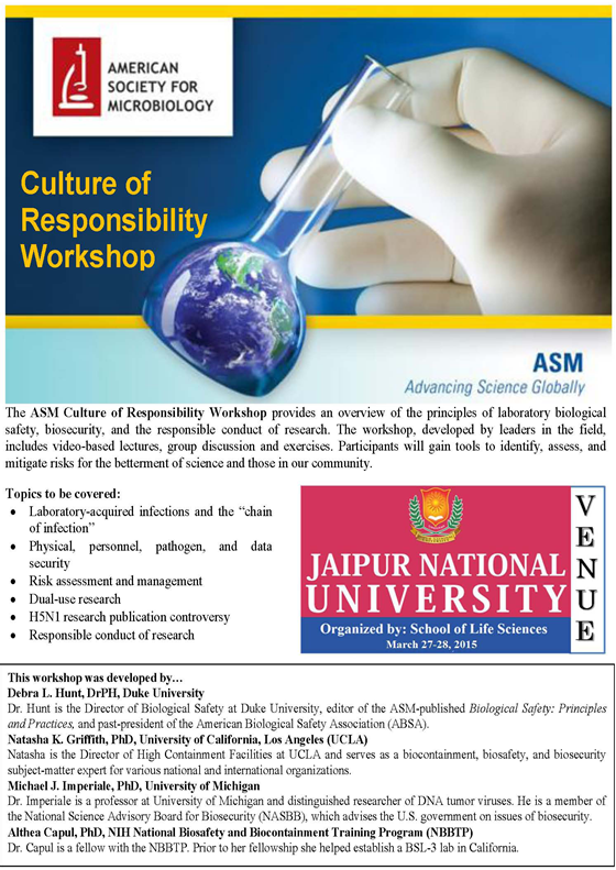 Free Workshop | American Society for Microbiology (ASM) Culture of Responsibility Workshop | 27-28, March 2015 @ JNU Jaipur