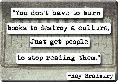 You dont have to burn books to destroy a culture. Just get people to stop reading them. Ray Bradbury