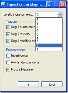 Impostazioni di Magnifier Windows XP