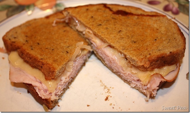 Grilled Turkey Reuben - Turkey and swiss grilled on rye bread with 1,000 Island dressing and sauerkraut makes a tasty sandwich. virginiasweetpea.com 
