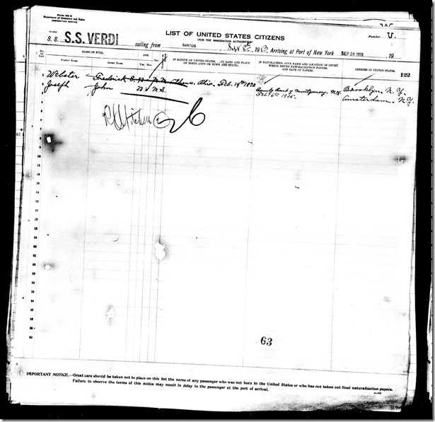 Passenger List for Fred Webster Sep. 28, 1913