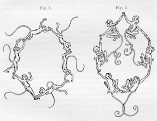 Иллюстрация из статьи Финдига 'К вопросу о строении бензола' - Macacus cynocephalus, образующие бензольное кольцо