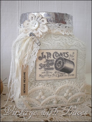 Thread Catcher, upcycled jar with soldered rim, lace and vintage image