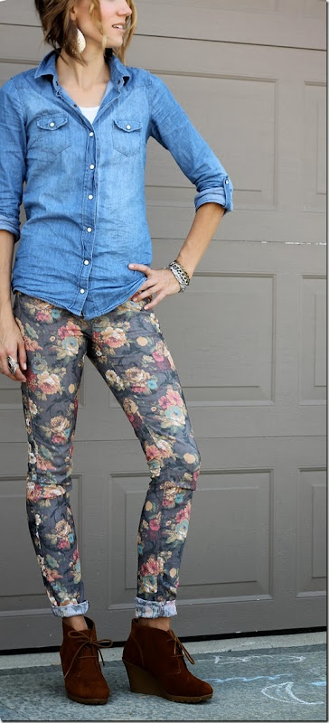 Chambray + Floral denim + Ankle Boots