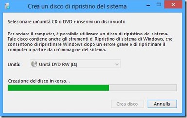 Windows 8 Creazione del disco di ripristino in corso