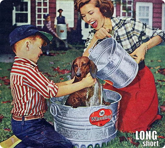 1957 Cute Dachshund Dog Bath Wheeling Steel Ad