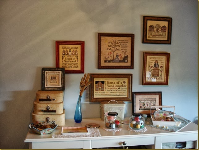 SAMPLER WALL IN MY STITCHING ROOM FEB 2013