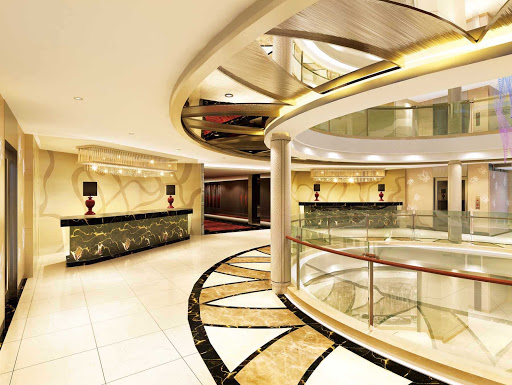 The atrium lobby of the luxury river cruise ships Century Legend and Century Paragon, which sail the rivers of China for Uniworld and Avalon.