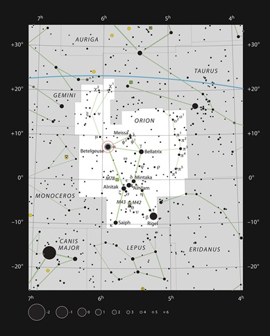localização de Betelgeuse na constelação de Órion