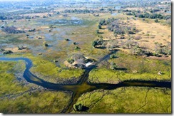 Okavango Delta by air: Mokoro crossroads and one of the main channels.