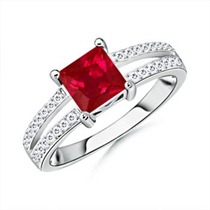 Square Ruby and Round Diamond Split Shank Ring
