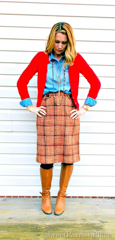 plaid tweed skirt, denim shirt, red cardigan and tall boots4