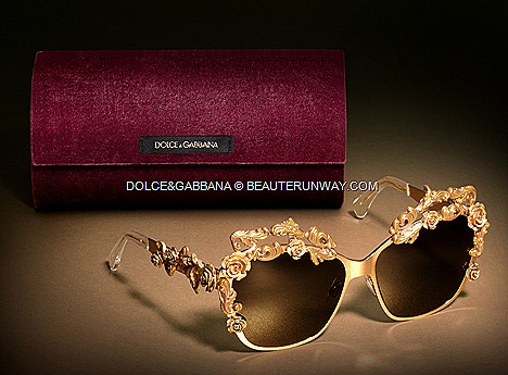 Dolce&Gabbana Fall Winter 2012 2013 Sicilian Baroque designer eyewear collection delicate twine of golden romantic roses foliage frame sunglasses lace mirror frames with gold, resin-coated Dolce&Gabbana logo, inspired 50s era