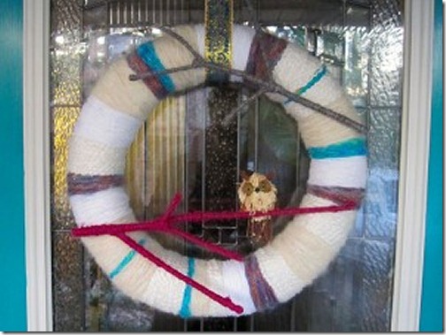 Winter wreath--yarn wrapped wreath with branch and owl