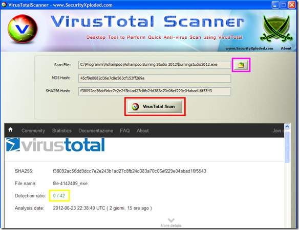 VirusTotal Scanner avvio scansione e risultato della scansione