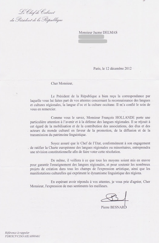 Letra del President de la Republica frnacesa amagat