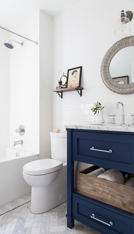 white and navy bathroom
