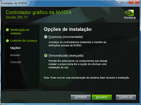 Instalador da NVIDIA - Opções de instalação Instalador da NVIDIA - Opções de instalação
