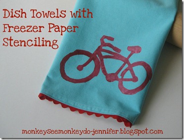 freezer paper stenciled dish towel with bike